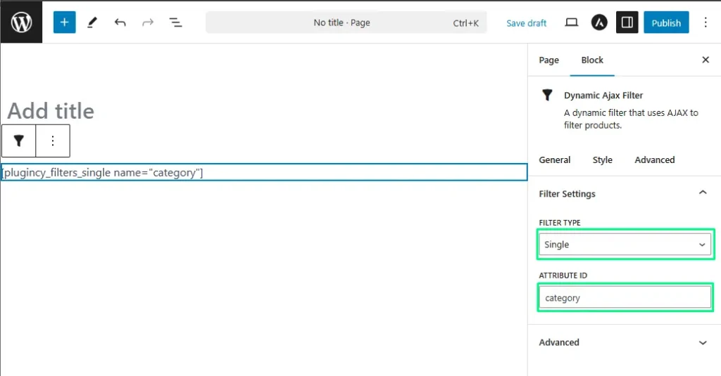 single filter with block editor