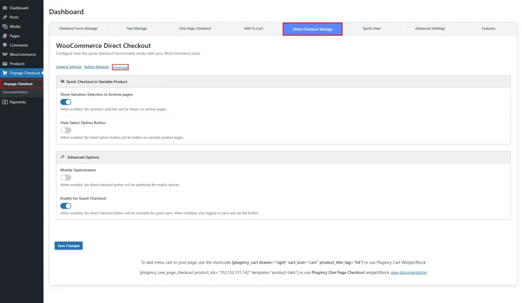 Direct checkout advanced settings