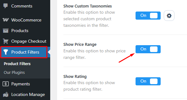 Go to Product Filters → Form Manage and turn on the Show Price Range option