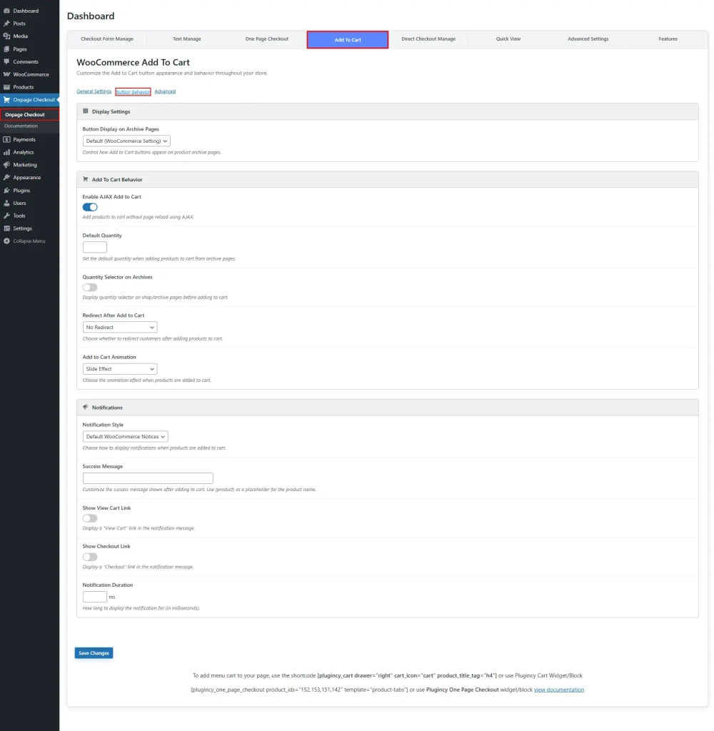 add to cart button behavior manage