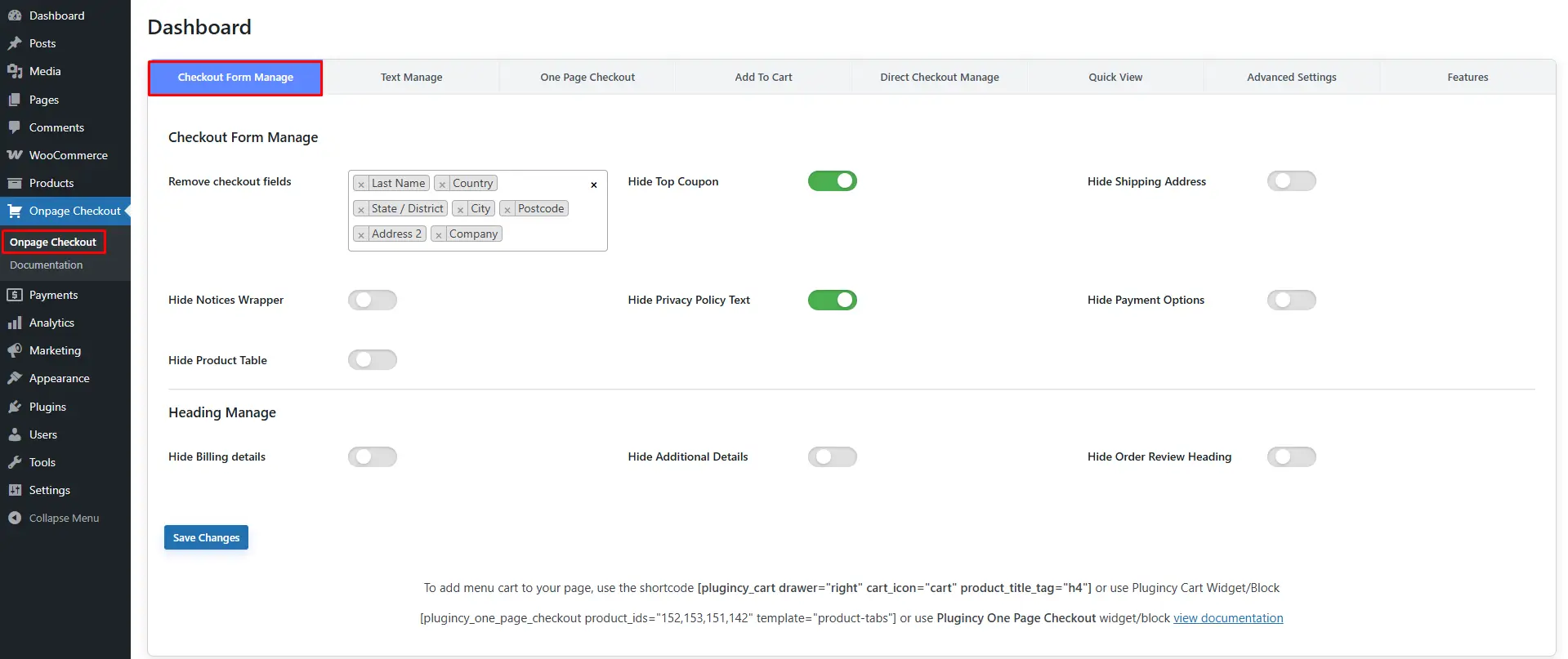 checkout form manage
