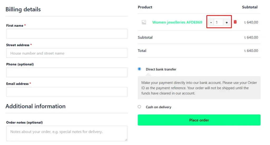 product quantity in checkout
