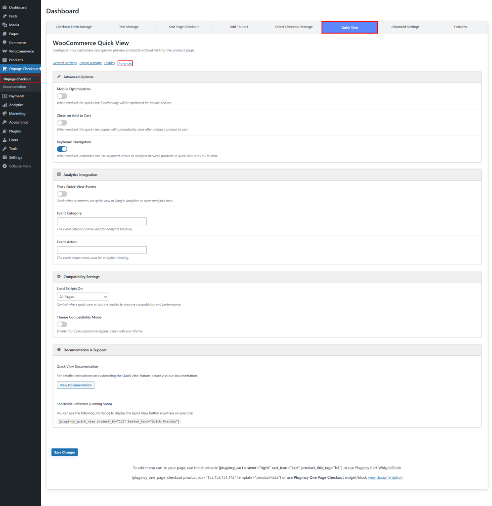 quick view advanced settings