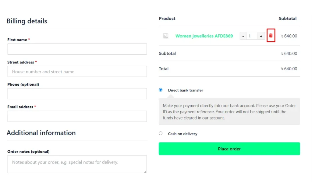 remove button in checkout