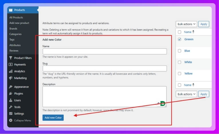 Add terms like Red, Blue, Green, etc.