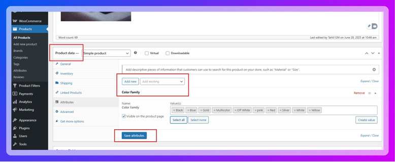 Choose color terms and click Save attributes and click publish