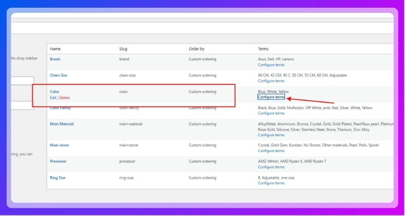 Click Configure terms beside the Color attribute
