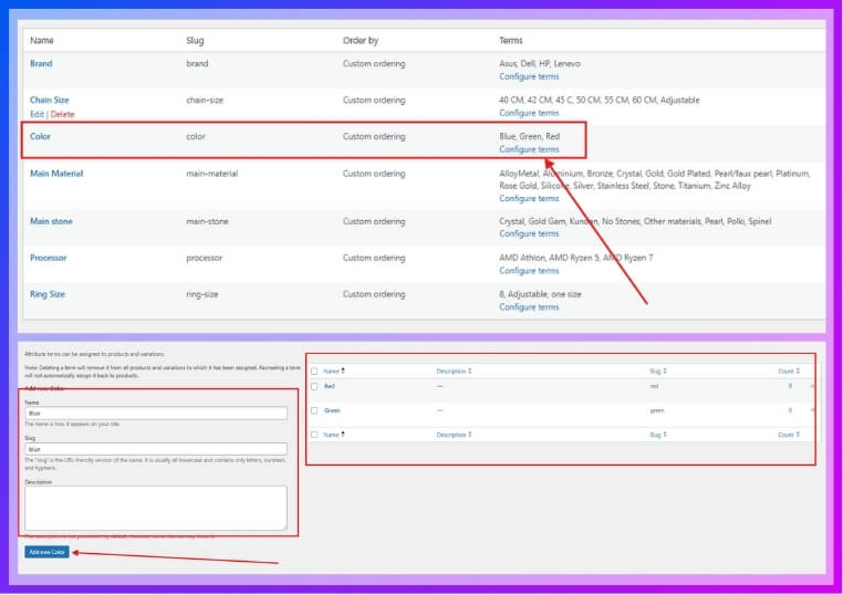 Click Configure terms to add values (like Red, Blue, Green)