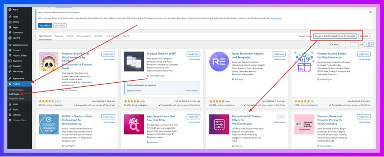 Dynamic AJAX Product Filters for WooCommerce Install Free Version from Dashboard