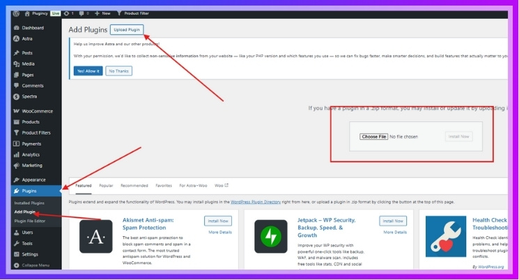 Select Upload Plugin Install PRO Version Manually
