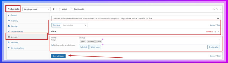 Select the attribute and add relevant terms (e.g., Red, Blue)