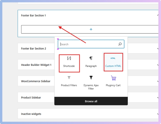 Add a Shortcode, Text, or Custom HTML widget in the footer area