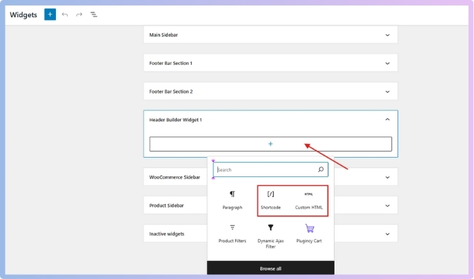 Add a Shortcode, Text, or Custom HTML widget in the header area