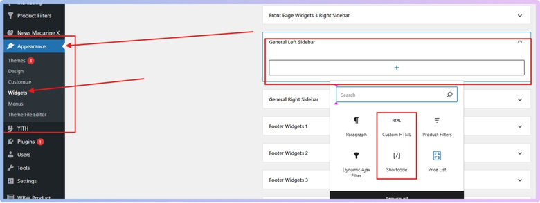 Add a Shortcode or Text, or Custom HTML widget