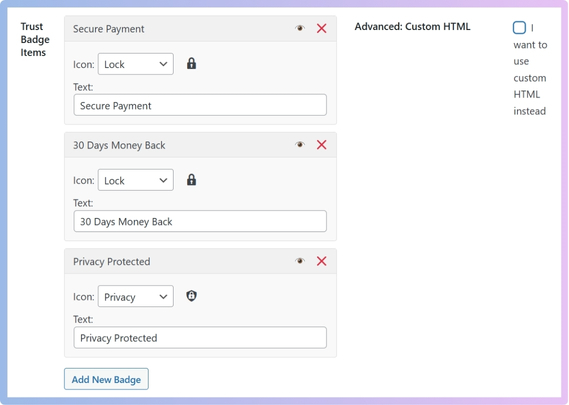 Add your trust badges using custom HTML