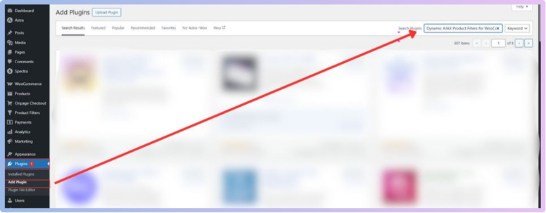 In the search bar, type Dynamic AJAX Product Filters for WooCommerce. In the search bar, type Dynamic AJAX Product Filters for WooCommerce. In the search bar, type Dynamic AJAX Product Filters for WooCommerce. 