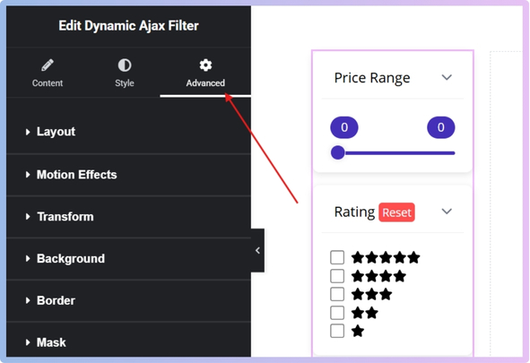 Click the widget, then open the Advanced tab in the Elementor sidebar