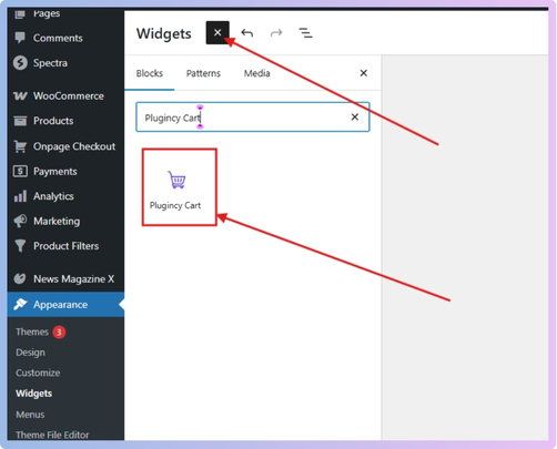 Drag and drop the Plugincy Cart block into your widget area for easy integration