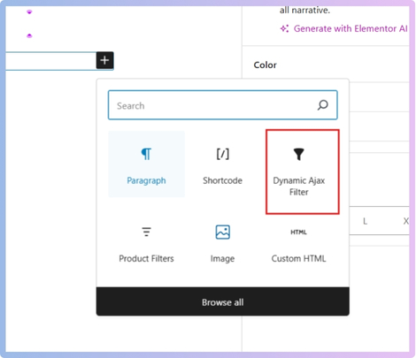 Dynamic AJAX Filter Block Editor.