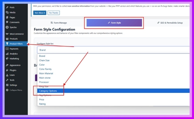 From the dropdown labeled “Category Options”
