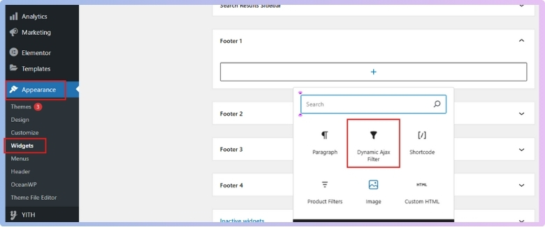 Go to Appearance > Widgets in the admin dashboard and Add the Dynamic AJAX Filter block.