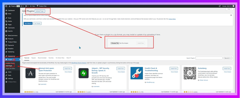 Go to Plugins , Add New and Upload Plugin