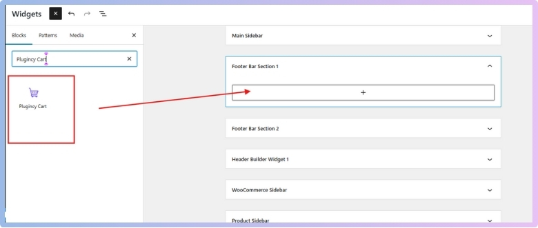 In the block editor, look for “Plugincy Cart” and add it to the footer section to keep essential links available