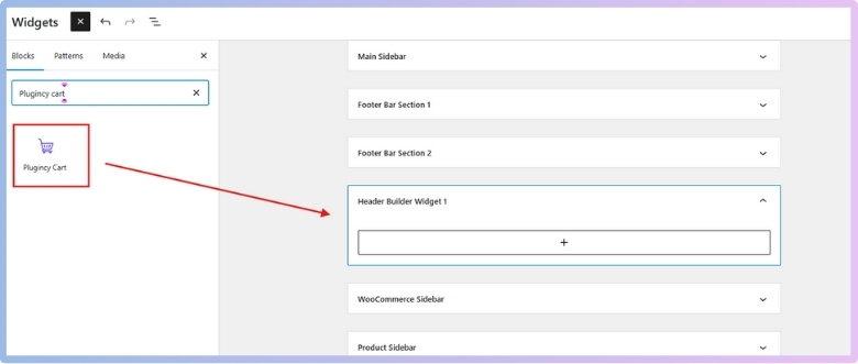 In the block editor, search for “Plugincy Cart” and add it to the header section for a smooth user experience