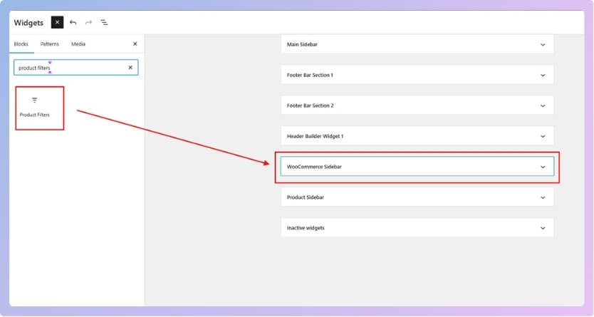 In the widget area, click the “+” button or use the search bar to look for “Filter” or “Product Filter” widgets.