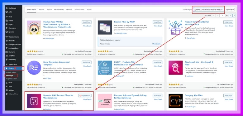 Install Free Version of AJAX Product Filters for WooCommerce plugin