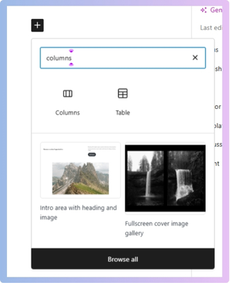 Layout Setup Click the + icon and add a Columns block.