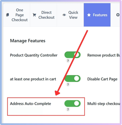 Locate the setting labeled “Address Auto-Complete”. Turn it ON by toggling the switch.
