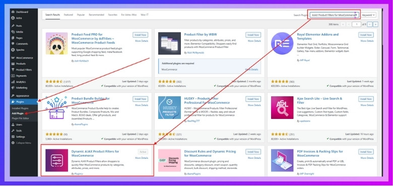 Search for Dynamic AJAX Product Filters for WooCommerce and Click Install Now then Activate