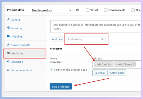 Select your attribute from the dropdown now Click Add, select relevant terms Click Save attributes, then Update Publish