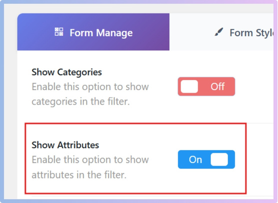Toggle Show Attributes ON to make filters appear on the front end