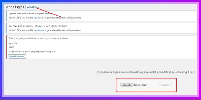 Choose the Unzipped file from your computer, upload it, and click Install Now