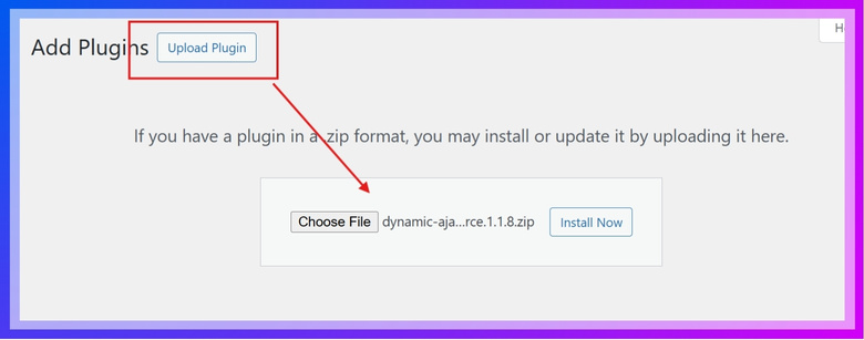 Click Choose File and pick the plugin ZIP file from your computer