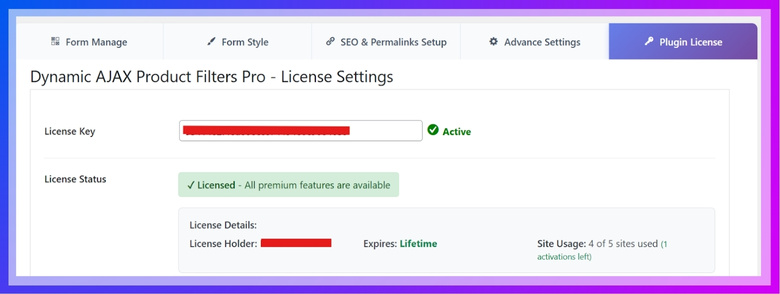 Here you have to paste the license key to activate the premium features