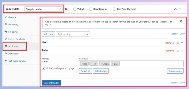 In Values, pick the correct color terms for this product, for example, Red and Blue.