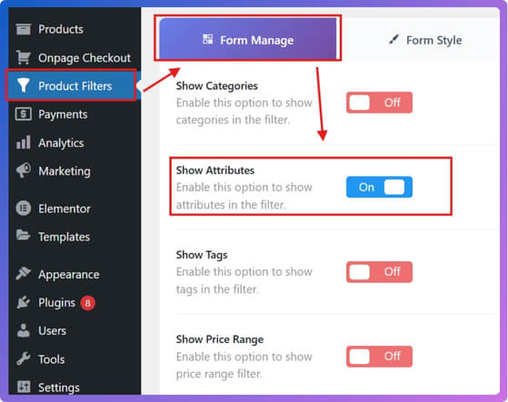 Manage Attributes in the Filter Widget Form
