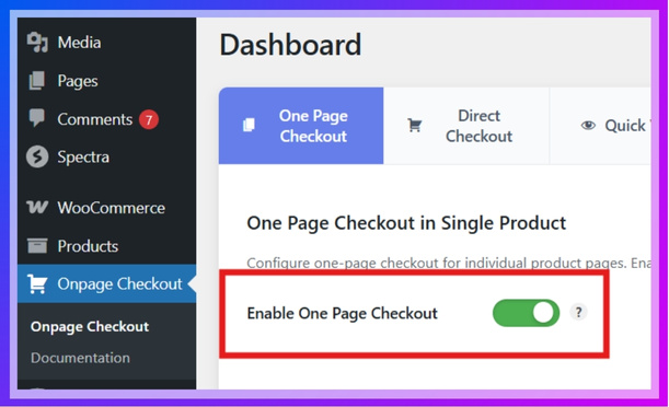Toggle Enable One Page Checkout to On.