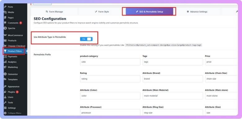 Turn on Use Attribute Type in Permalinks (optional if you want more detailed permalinks)