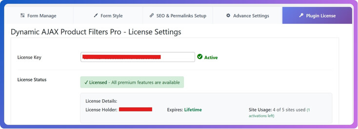 activate premium version of Dynamic AJAX Product Filters for WooCommerce