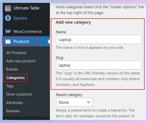 Add the category name, slug, description, and image if needed.