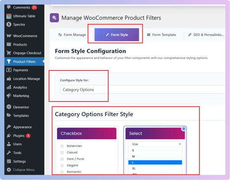 Choose Configure Style for each filter type (price, brand, tags, etc.).