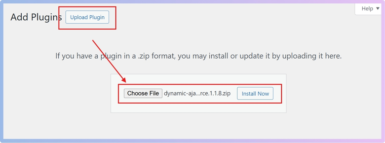 Click Choose File, select the ZIP file, and click Install Now.