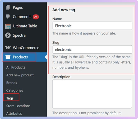 Enter the name, slug, and optional description.