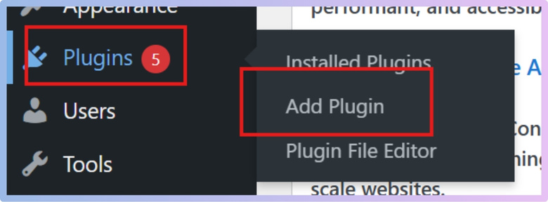 From the left menu, click Plugins and Add New Plugin.