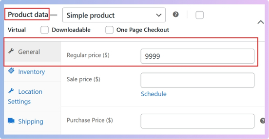 In the Product data section, enter a price in the Regular price field.