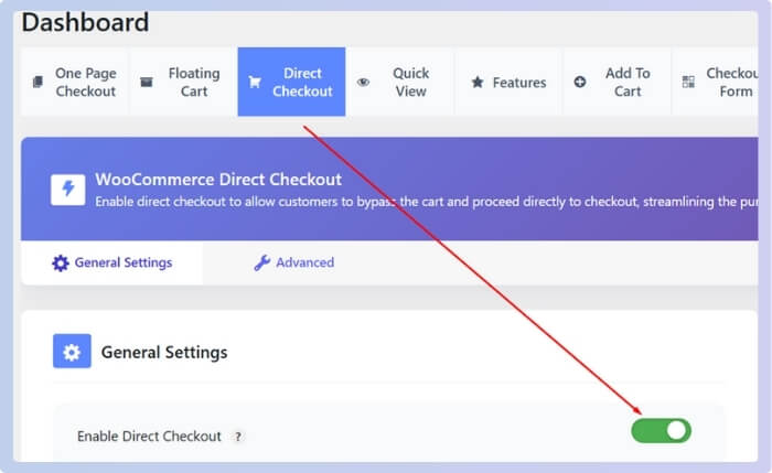 Toggle this option to enable direct checkout across your entire WooCommerce store.